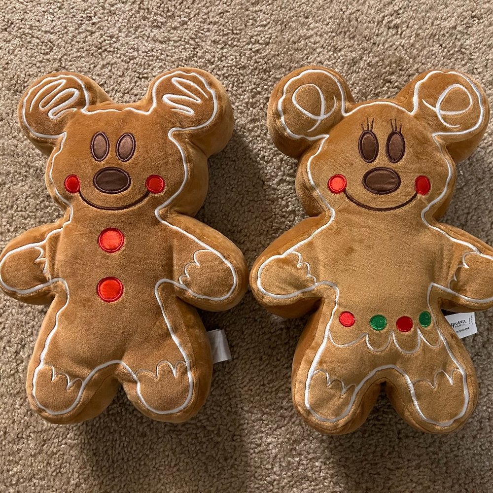 Disney Gingerbread Man Limited 12" Christmas Pillow Plush Mickey & Minnie Mouse